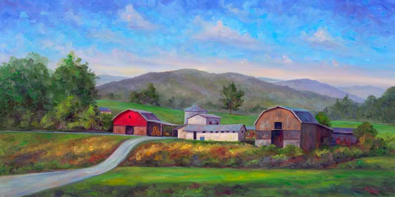 Red barn in Etowah NC, panoramic Mountain View.