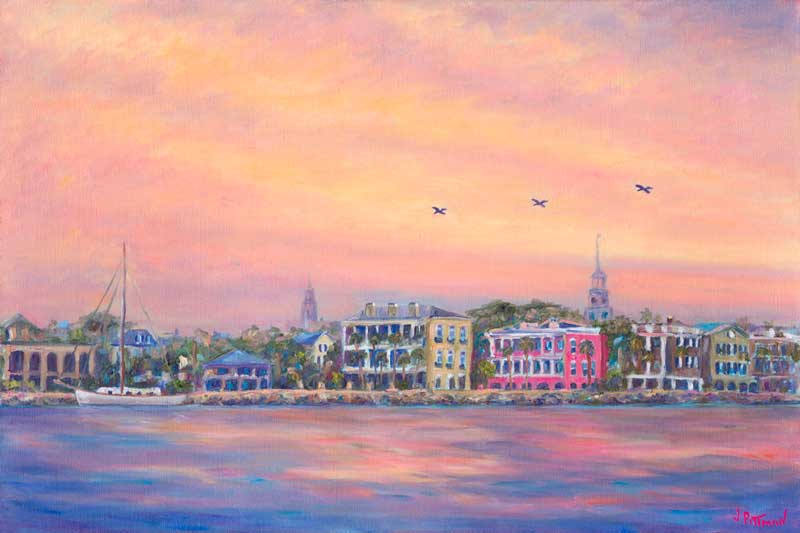 Evening View of the Charleston Skyline from the Harbor.