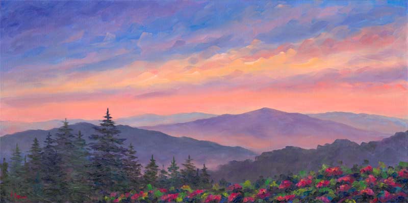 View of Cold Mountain at sunset with Rhododendron in Full Bloom from the Blue Ridge Parkway.
