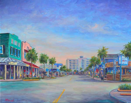 View down Center Street in Downtown Folly Beach near Charleston.