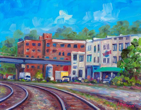 View down the Railroad Tracks by the Wedge Brewery in Asheville's River Arts District.