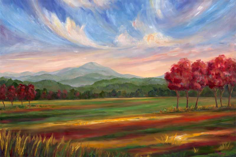 Red maple trees in fall color looking towards Mt. Pisgah from South Asheville.