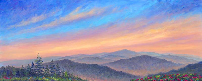 Panoramic view from the Blue Ridge Parkway with Rhododendrons in full Bloom.