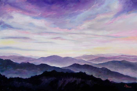 Painting of a mountain landscape with a colorful sky