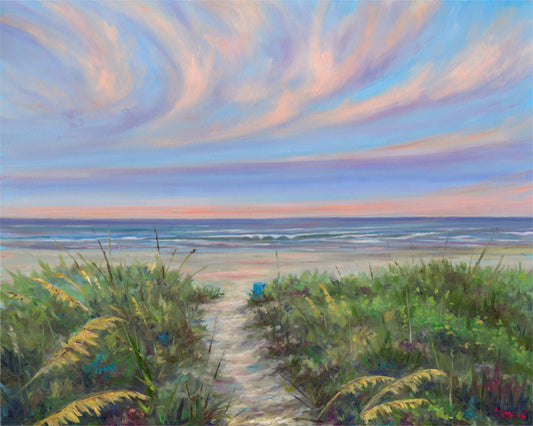 Painting of a beach scene with a path leading to the ocean under a colorful sky.