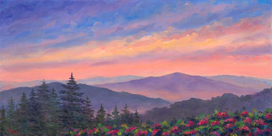 View of Cold Mountain at sunset with Rhododendron in Full Bloom from the Blue Ridge Parkway.