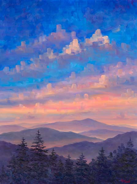 Dusk view of Colorful mountain ridges along the Blue Ridge Parkway.