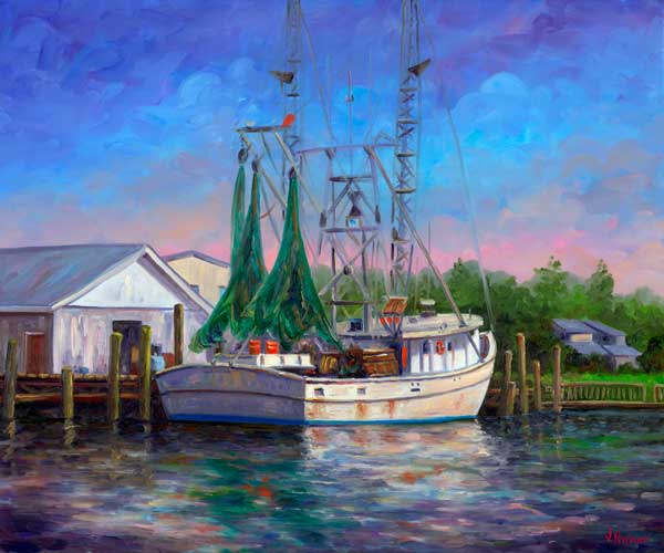 View of a Shrimper at Harbor, in Oriental North Carolina.