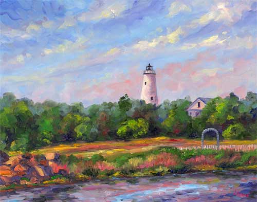 View across Silver Lake at the Ocracoke Lighthouse on the NC outer banks.