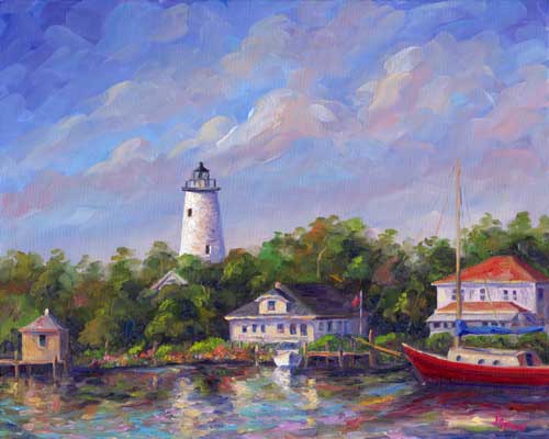 View across Silver Lake at the Ocracoke Lighthouse on the NC outer banks.