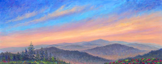 Panoramic view from the Blue Ridge Parkway with Rhododendrons in full Bloom.