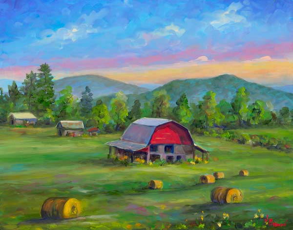 Painting of Red Barn and Hay Bales along Cane Creek