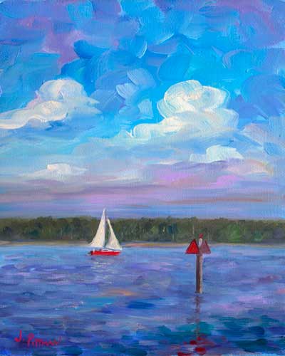 Red Sailboat on the Neuse River near ORiental New Bern