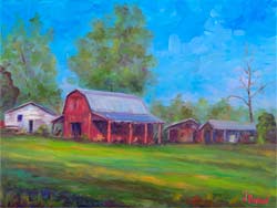 Oil painting of Red Barn in Mills River