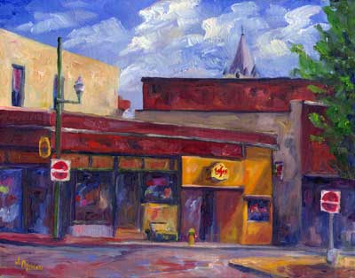 Bonnies Little Corner - Salsas - Original oil painting on canvas. Downtown Asheville nc. Jeff Pittman art