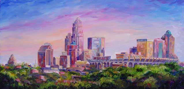 Charlotte Skyline. Oil Painting on canvas. Jeff Pittman art Ericsson Stadium Panthers Bank of America