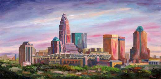 Charlotte Skyline. Oil Painting on canvas. Jeff Pittman art Ericsson Stadium Panthers Bank of America