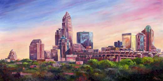 Charlotte Skyline Painting oil on Canvas Jeff Pittman Art, Carolina Panthers Ericsson Stadium Bank of America