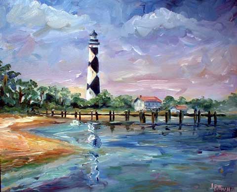 "Cape Lookout" View of Lighthouse and Pier. Outer Banks, NC Oil Painting on Canvas