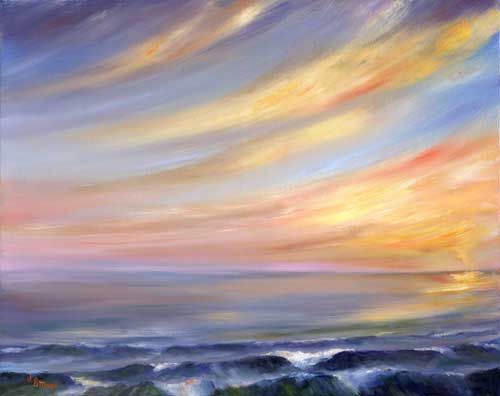 Oil painting of sun setting over the ocean - Limited edition prints and giclee on canvas are available