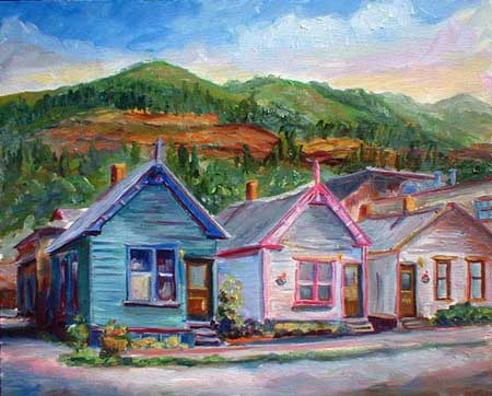 Popcorn alley - colorful houses in telluride colorado original oil painting on panel. jeff pittman art