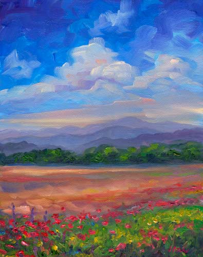 Painting of Wildflowers and Poppies Mountain Landscape