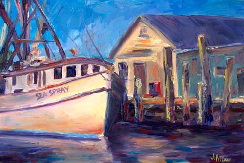 "Sea Spray" - Shrimper at the Docks of the Oriental Marina - NC Oil Painting on Canvas