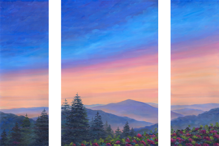 Cold Mountain NC Rhododendron in Bloom Oil Painting Triptych